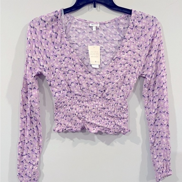 SELF ESTEEM Juniors' Floral-Print Surplice Smocked-Hem Top shirt Orchid Bloom L - Picture 7 of 8